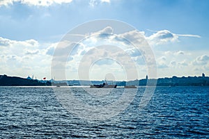 Panaromic View of Istanbul city and steamboats. photo