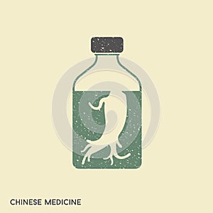 Panax Ginseng Tincture in glass bottle isolated. Vector illustration of ginseng root and plant in flat style.