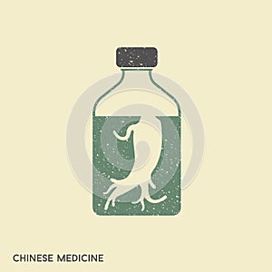 Panax Ginseng Tincture in glass bottle isolated. Vector illustration of ginseng root and plant in flat style. photo