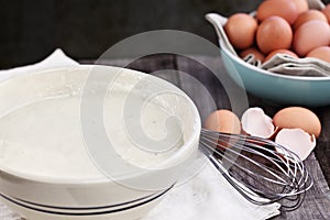 Pancake Batter with Egg Whisk and Fresh Eggs