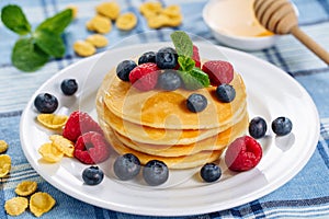 Pancake Blueberry Honey Dessert Stack Brunch