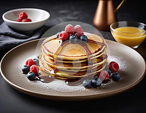 Pancake. Crepes With Berries, Strawberry, Raspberry, Blueberry and Syrup. photo