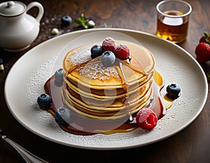 Pancake. Crepes With Berries, Strawberry, Raspberry, Blueberry and Syrup. photo