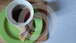 pancake dessert food on green plates, coffee