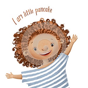 pancake girl with freckles, watercolor style portrait, funny illustration