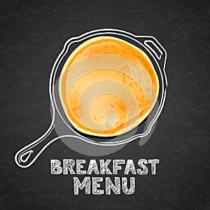 Pancake and hand drawn outline watercolor pan, on black board slate background. Vector design for breakfast dessert menu