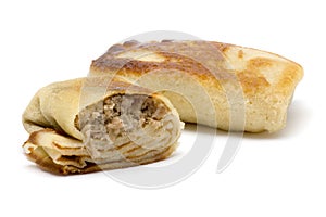 Pancake with meat on white