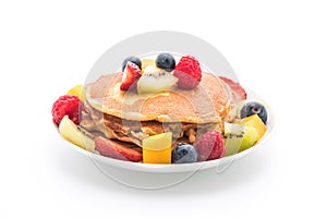 pancake with mix fruits (strawberry, blueberries, raspberries, m photo
