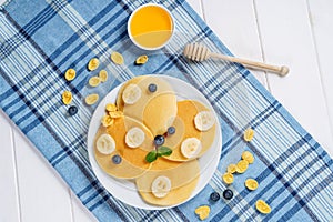 Pancake Stack Blueberry Honey Dessert Flat Lay