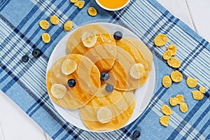 Pancake Stack Blueberry Honey Dessert Flatlay
