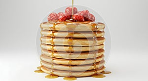 Pancake Stack with Strawberries - Pancake Tower with Berries on White Background
