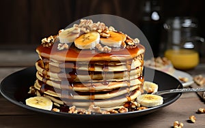 Pancake Stacks with Sliced Bananas, Nutty Walnuts, and a Luxurious Caramel Drizzle