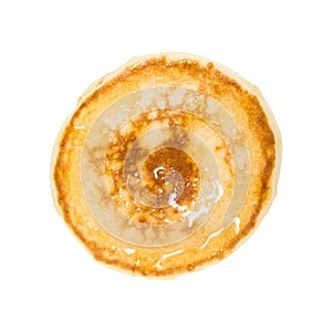 Pancake top isolated on white background. Round hotcake with syrup