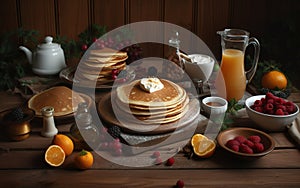 Pancake tower with fresh blueberries, oranges and eggs on a rustic wooden table. Generative AI