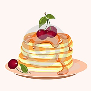 Pancakes with berries and honey icon. Cartoon illustration isolated on white background.