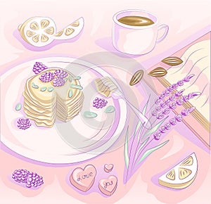 Pancakes with blackberry, lemon, lavender, a cup od tea, a book