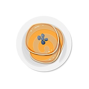 Pancakes with blueberries on plate. Delicious breakfast. Vector illustration isolated on white. Happy pancake day. Flat