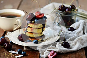 Pancakes with blueberry..style rustic  .selective focus