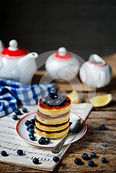 Pancakes with blueberry..style rustic  .selective focus