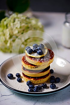 Pancakes with blueberry..style rustic  .selective focus