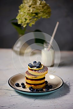 Pancakes with blueberry..style rustic  .selective focus