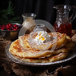 Pancakes with butter and powdered sugar. Traditions of Russian, Ukrainian and Belarusian cuisines. AI generated