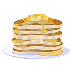 Pancakes with butter stack serving on plate vector flat baking breakfast homemade dessert