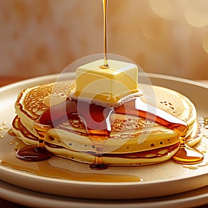 Pancakes with Butter and Syrup Drizzle on a Plate breakfast maple syrup