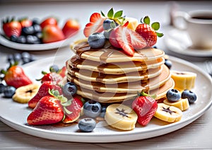 Pancakes with caramel and banana, blueberries, strawberries on a plate