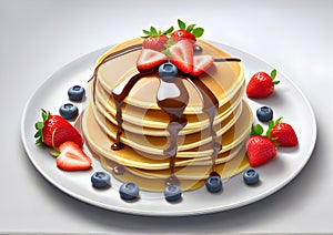 Pancakes with chocolate and berries on a plate. Close-up of pancakes with blueberries and strawberries with chocolate on a plate
