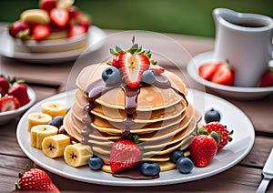 Pancakes with chocolate and berries on a plate. Delicious breakfast pancakes with banana, blueberries, strawberries and chocolate