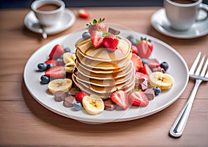 Pancakes with chocolate and chopped berries on a plate. Delicious breakfast pancakes with banana, blueberries, strawberries and