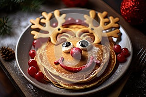 Pancakes decorated to look as a reindeer. Christmas dessert for children. Generative Ai