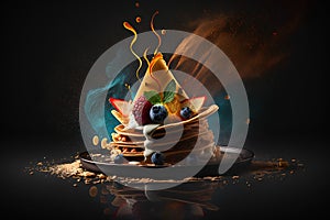 Pancakes with fresh berries and honey on black background. Copy space