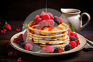 Pancakes with fresh berries and maple syrup on a dark background