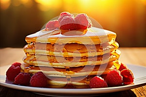Pancakes with honey decorated with raspberries, perfect breakfast, morning sun, close up