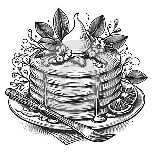 pancakes with maple syrup raster illustration