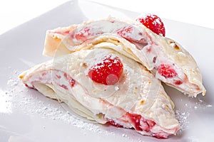 Pancakes with mascarpone cheese and strawberries