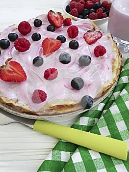 Pancakes morning berries, raspberries, cook healthy dish fruit cuisine nutrition blueberries, strawberry yogurt on a wooden