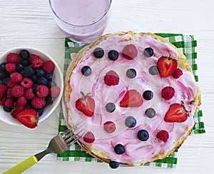 Pancakes morning berries, raspberries, energy healthy dish fruit cuisine nutrition blueberries, strawberry yogurt a wooden