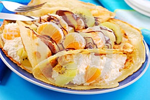 Pancakes with orange ,kiwi and cottage cheese