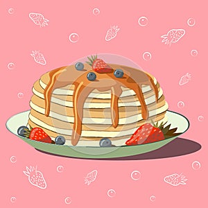 Pancakes on a plate with maple syrup and berries. n.