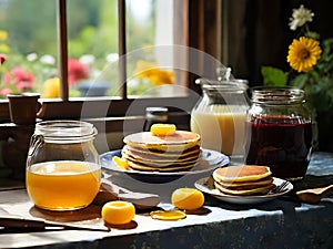 A pancakes with pot of honey jug of milk jar of jam on a large table. generative AI