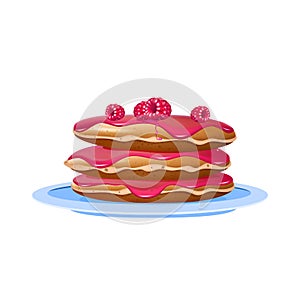 Pancakes with raspberries and jam realistic vector illustration