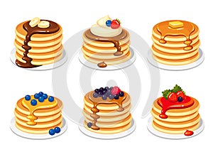 Pancakes set with delicious toppings for breakfast