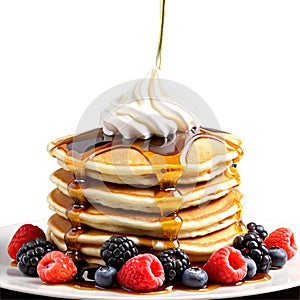 Pancakes A stack of fluffy pancakes, drizzled with warm maple syrup and topped with fresh berries