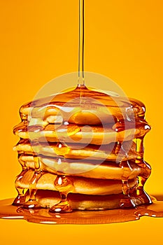 Pancakes stack with oozing maple syrup. Generative Ai image