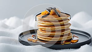 Pancakes stacked high on black plates tempt with various combinations of golden syrup and decadent chocolate drizzle. photo