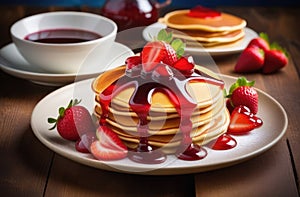 pancakes with strawberries, sweet berry dessert, delicious and healthy breakfast, homemade pastries