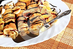 Pancakes stuffed with semolina, bananas and